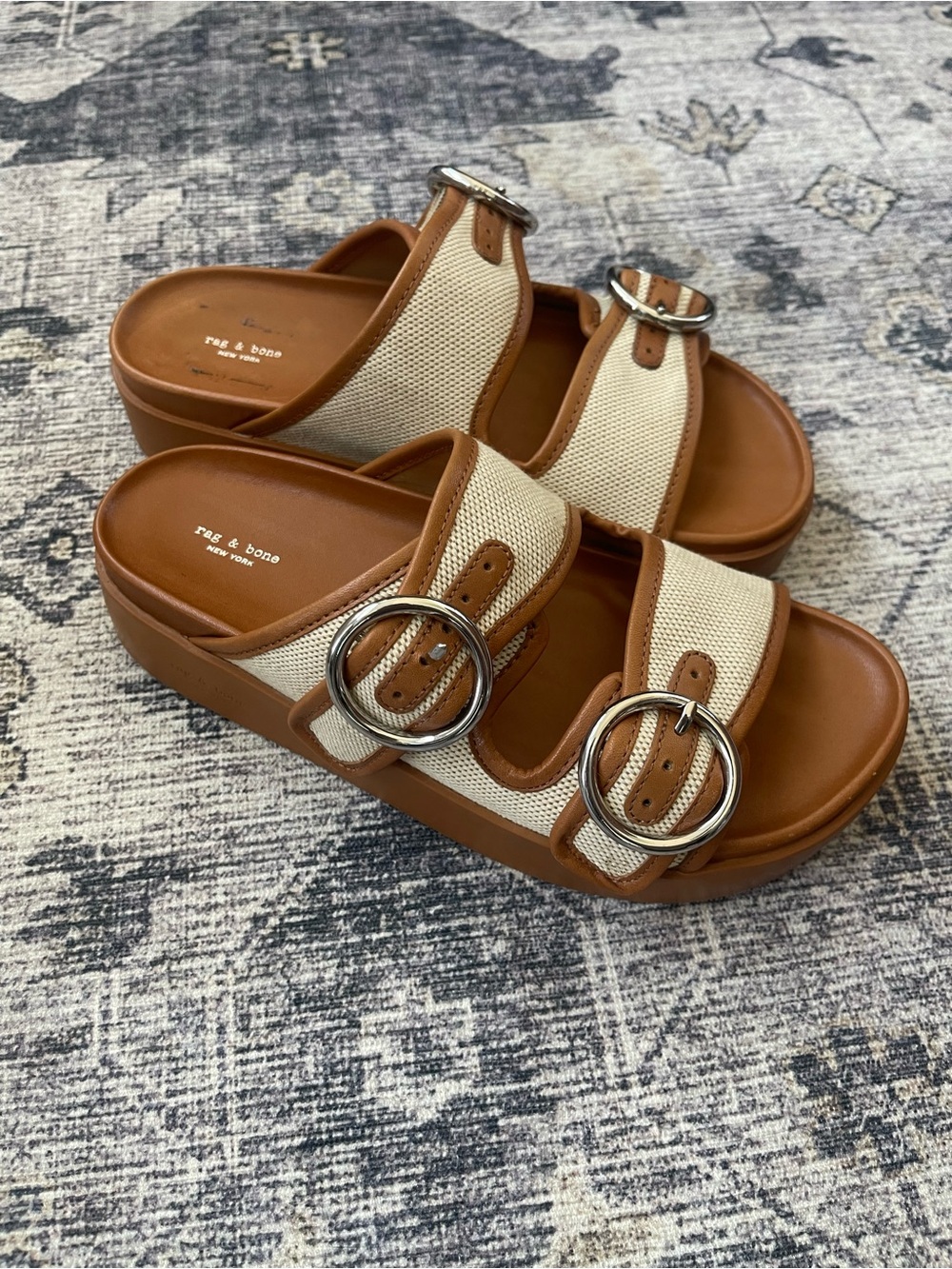 Rag n Bone | Geo Buckle Platform Slide Sandal Brown Leather Adjustable Size 37